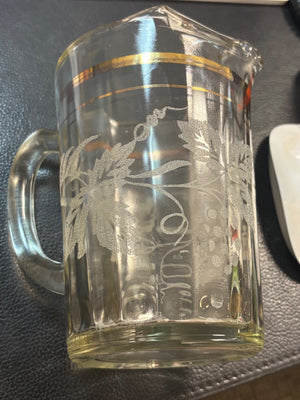 Vintage Mid Century Bartlett-Collins Frosted Grapevine Glass Juice Pitcher  Gold trim Ice Lip 7"