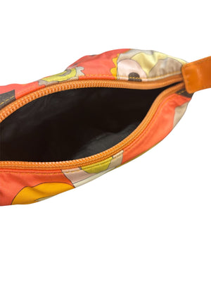 Vintage Emilio Pucci Printed Silk Mini Vanity/Cosmetic Bag Leather Handle  6 1/2"