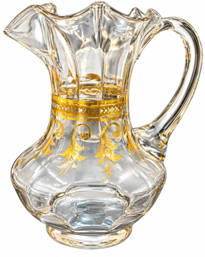 Antique Hand Blown Glass Water Pitcher Ruffled Rim Gold Gilt Trim Rough Pontil Circa 1890-1915