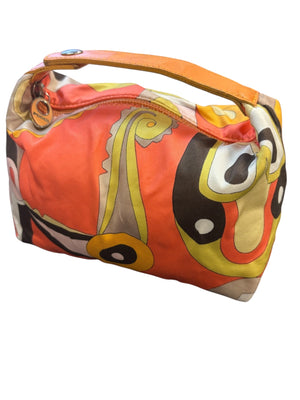 Vintage Emilio Pucci Printed Silk Mini Vanity/Cosmetic Bag Leather Handle  6 1/2"