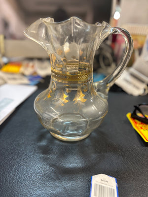 Antique Hand Blown Glass Water Pitcher Ruffled Rim Gold Gilt Trim Rough Pontil Circa 1890-1915
