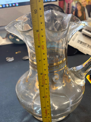 Antique Hand Blown Glass Water Pitcher Ruffled Rim Gold Gilt Trim Rough Pontil Circa 1890-1915