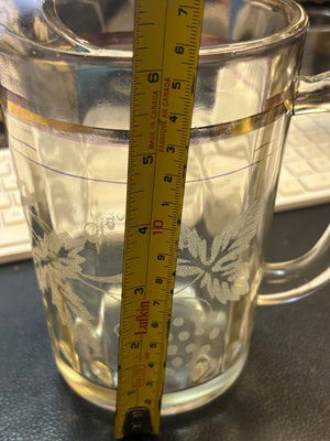 Vintage Mid Century Bartlett-Collins Frosted Grapevine Glass Juice Pitcher  Gold trim Ice Lip 7"