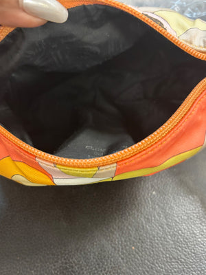 Vintage Emilio Pucci Printed Silk Mini Vanity/Cosmetic Bag Leather Handle  6 1/2"