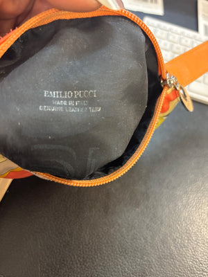 Vintage Emilio Pucci Printed Silk Mini Vanity/Cosmetic Bag Leather Handle  6 1/2"