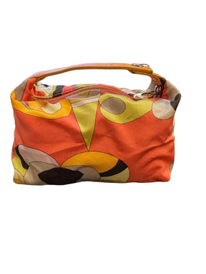 Vintage Emilio Pucci Printed Silk Mini Vanity/Cosmetic Bag Leather Handle  6 1/2"