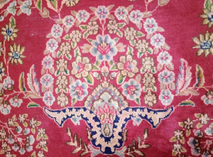 Vintage Persian Kerman Hand-Knotted Wool Rug, Floral Medallion, 9'10" × 13'4"