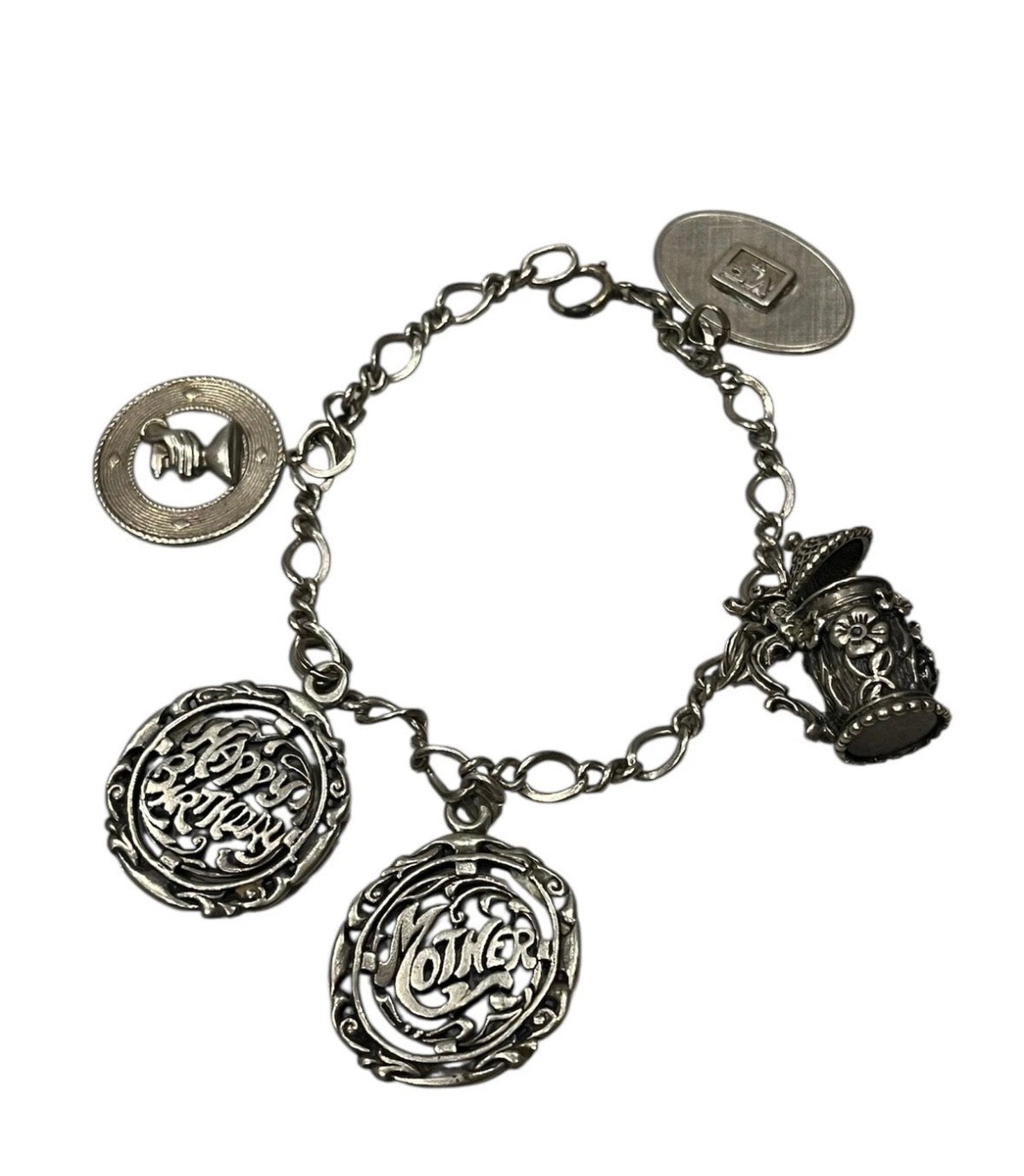 Vintage Sterling Silver Charm Bracelet Happy Birthday-Mother-Floral Stein -VIP-Charity