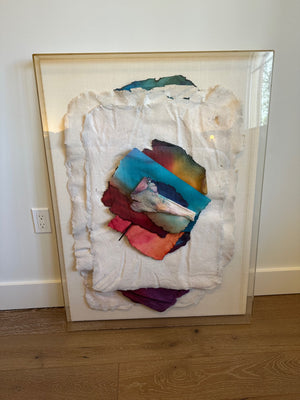 Signed, original paper mache wall hanging in acrylic shadow box