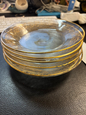 Vintage Clear Glass Coupe Dessert Bowls Gold Rim Gold Floral Scroll Border Set Of 8