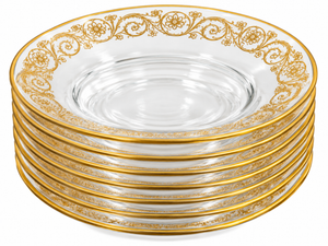 Vintage Clear Glass Coupe Dessert Bowls Gold Rim Gold Floral Scroll Border Set Of 8