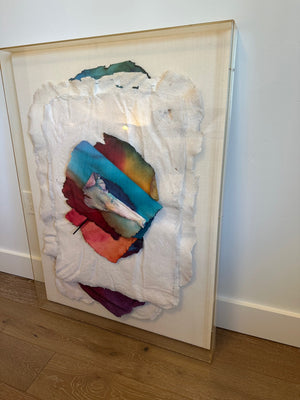 Signed, original paper mache wall hanging in acrylic shadow box