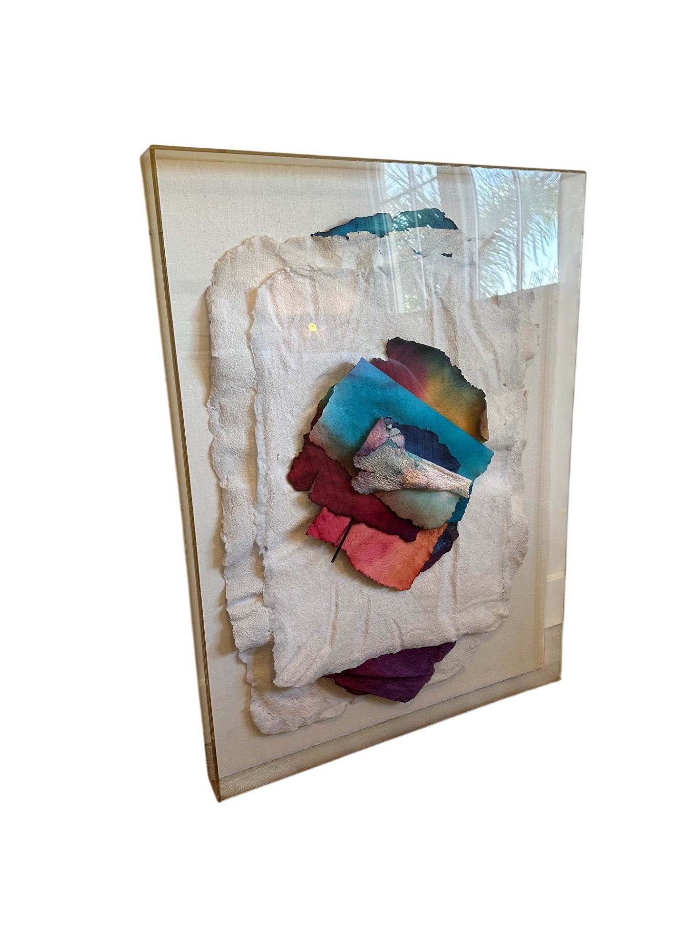 Signed, original paper mache wall hanging in acrylic shadow box