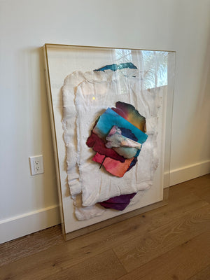Signed, original paper mache wall hanging in acrylic shadow box