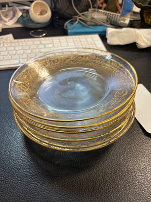Vintage Clear Glass Coupe Dessert Bowls Gold Rim Gold Floral Scroll Border Set Of 8