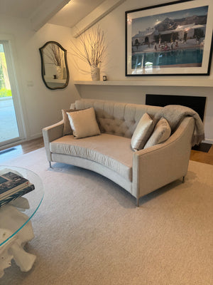 Custom Gray Flannel Linen Curved Nailhead Sofa (37” h x 37” d x 7 feet long )