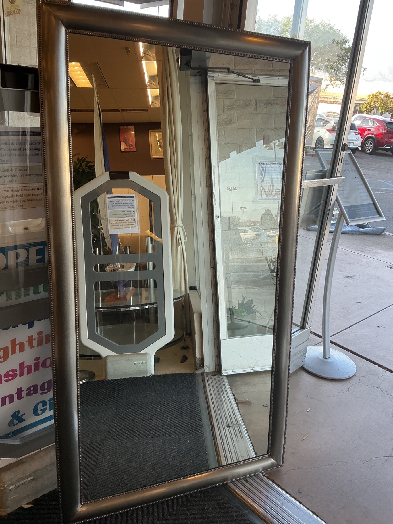 Large silver framed mirror
