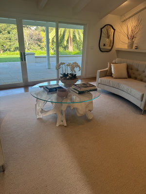 custom White painted driftwood coffee table with round glass top