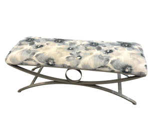 Metal Frame Pale Blue Gray & Cream Floral Velvet-Like Print Bench 48x17x16