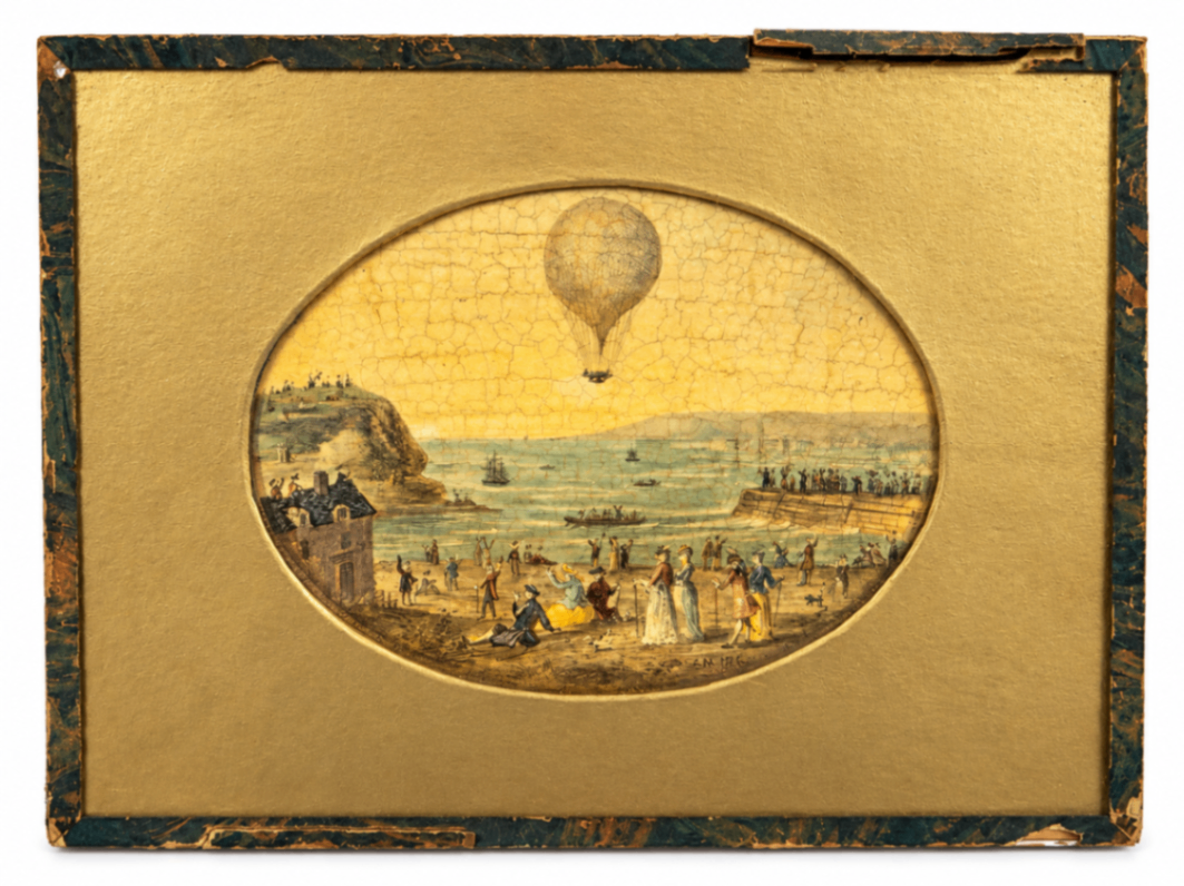 Antique Varnished Painting Depicting First Aerial Crossing of the English Channel By Jean-Pierre Blanchard & Dr. John Jeffries  From Dover Toward Calais Jan 7, 1785 10x8