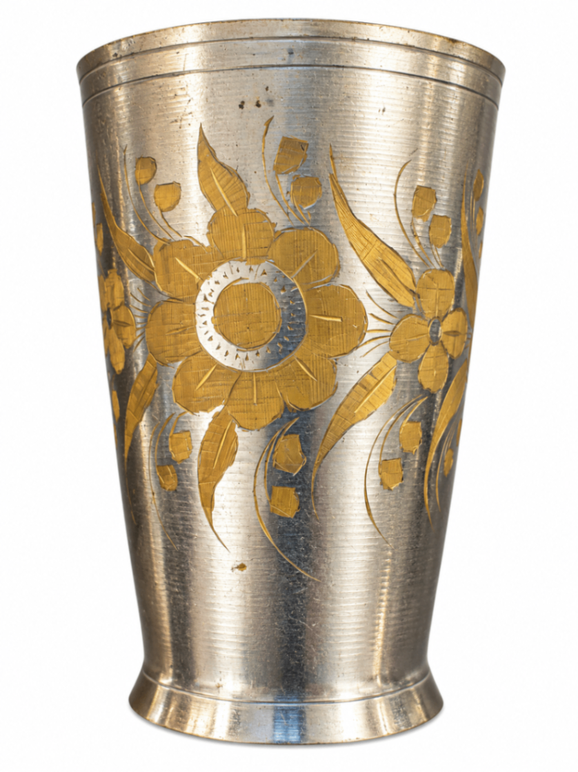 Old Northern Indian Lassi Cup Nickel-Plated Brass With Hand Etched Floral Design  Circa 1940