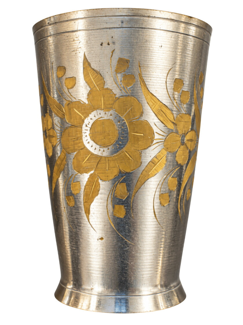Old Northern Indian Lassi Cup Nickel-Plated Brass With Hand Etched Floral Design  Circa 1940