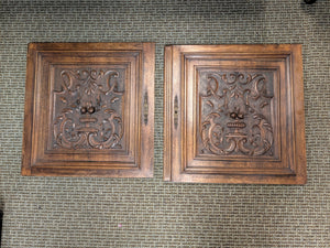 French Walnut Carved Relief Urn & Fruit Cabinet Doors 19th Century PAIR  25" x 25" (One Panel is Split)
