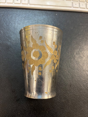 Old Northern Indian Lassi Cup Nickel-Plated Brass With Hand Etched Floral Design  Circa 1940