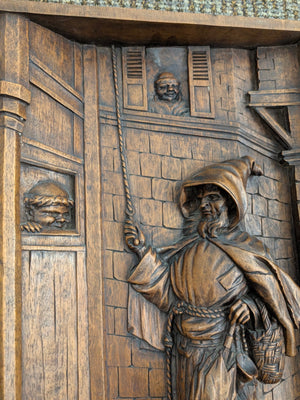 French Walnut 19th Century Hand Carved Bas-Relief Panel Depicting Friar Returning from a Market 14" x 20"