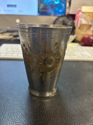 Old Northern Indian Lassi Cup Nickel-Plated Brass With Hand Etched Floral Design  Circa 1940
