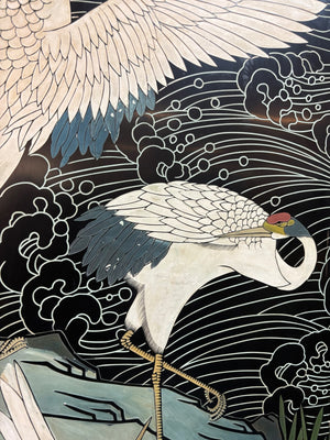 Chinese Black Lacquer Carved/Engraved & Color Filled  Red-Crowned Cranes Pine Trees & Mountain Landscape 8 Panel Screen (each panel measures 18" by 6'9")