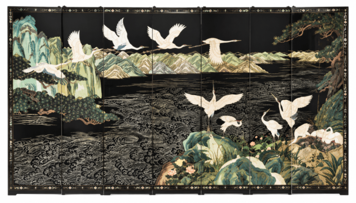 Chinese Black Lacquer Carved/Engraved & Color Filled  Red-Crowned Cranes Pine Trees & Mountain Landscape 8 Panel Screen (each panel measures 18" by 6'9")