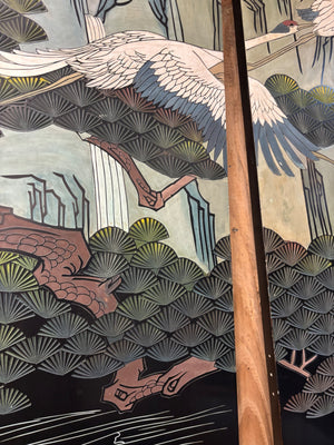 Chinese Black Lacquer Carved/Engraved & Color Filled  Red-Crowned Cranes Pine Trees & Mountain Landscape 8 Panel Screen (each panel measures 18" by 6'9")