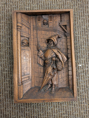 French Walnut 19th Century Hand Carved Bas-Relief Panel Depicting Friar Returning from a Market 14" x 20"