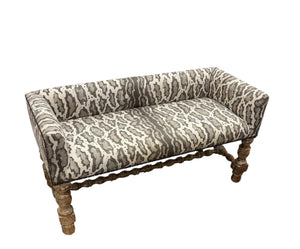 Natural & Dark Brown Animal Leopard/Ocelot Print Linen Upholstered Settee Turned Wood Legs 4' x 24" x  24"