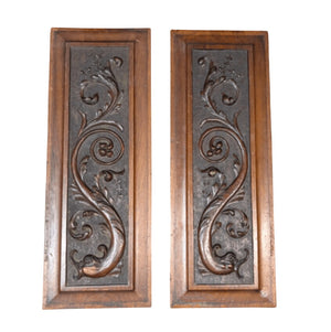 French Walnut Carved Relief Panels 19th Century PAIR (Mirrored Foliate Scrolls) 23" x 8"