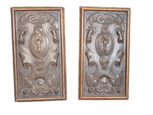 French Walnut Carved Relief Panels 19th Century (Scrolls) PAIR 9" x 16"