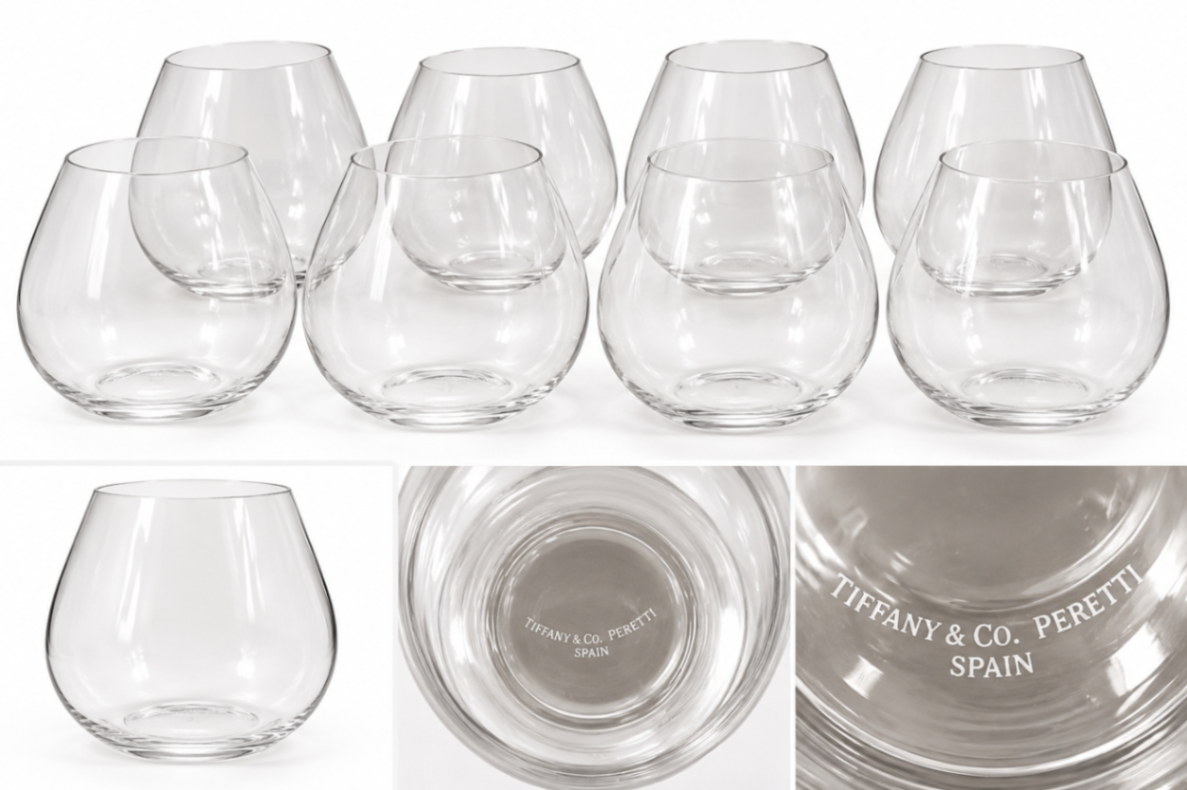 Vintage Tiffany & Co. Crystal Stemless Wine / Brandy Glasses, Made in Spain – Set of 8