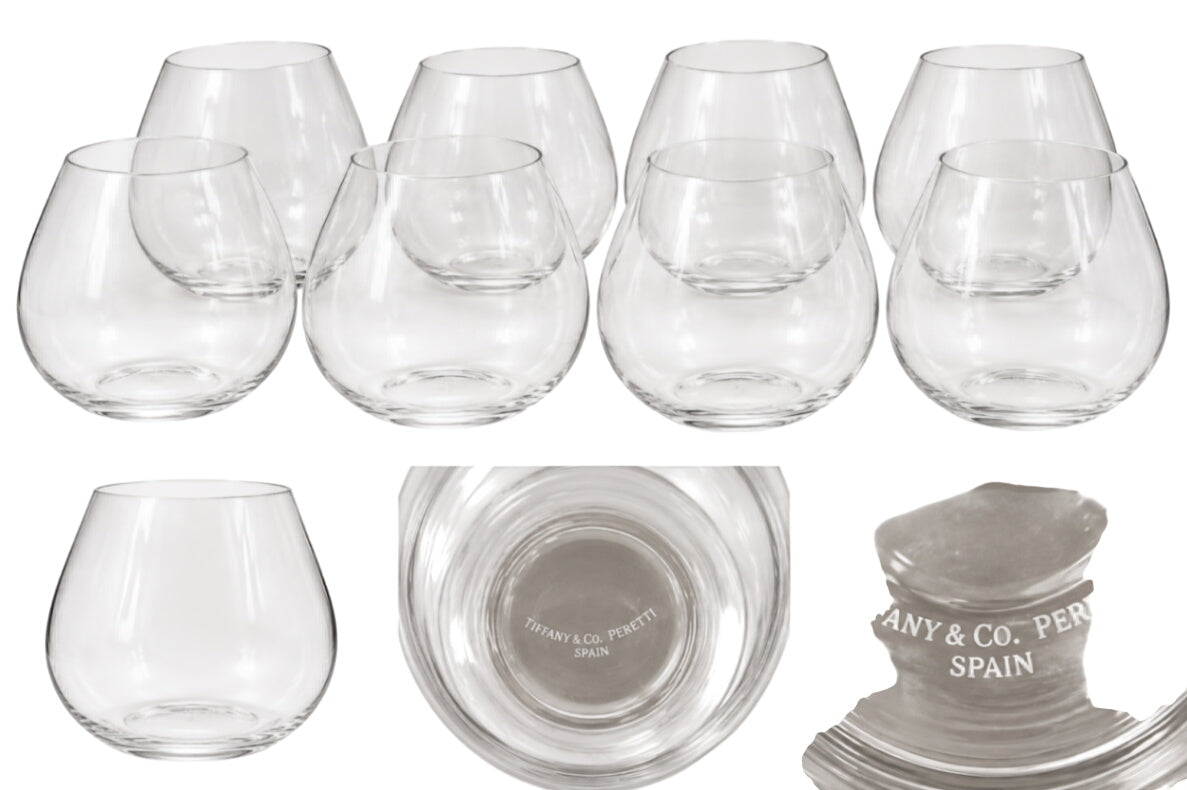 Vintage Tiffany & Co. Crystal Stemless Wine / Brandy Glasses, Made in Spain – Set of 8
