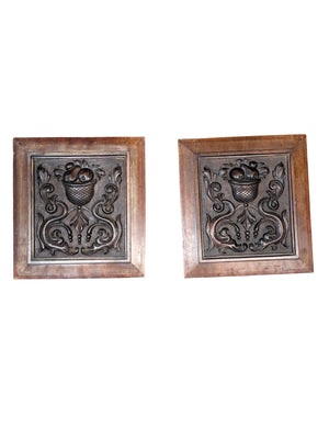French Walnut Carved Relief 19th Century Panels (Fruit Pears) PAIR 12" x 13"