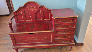 Red painted wooden storage bench