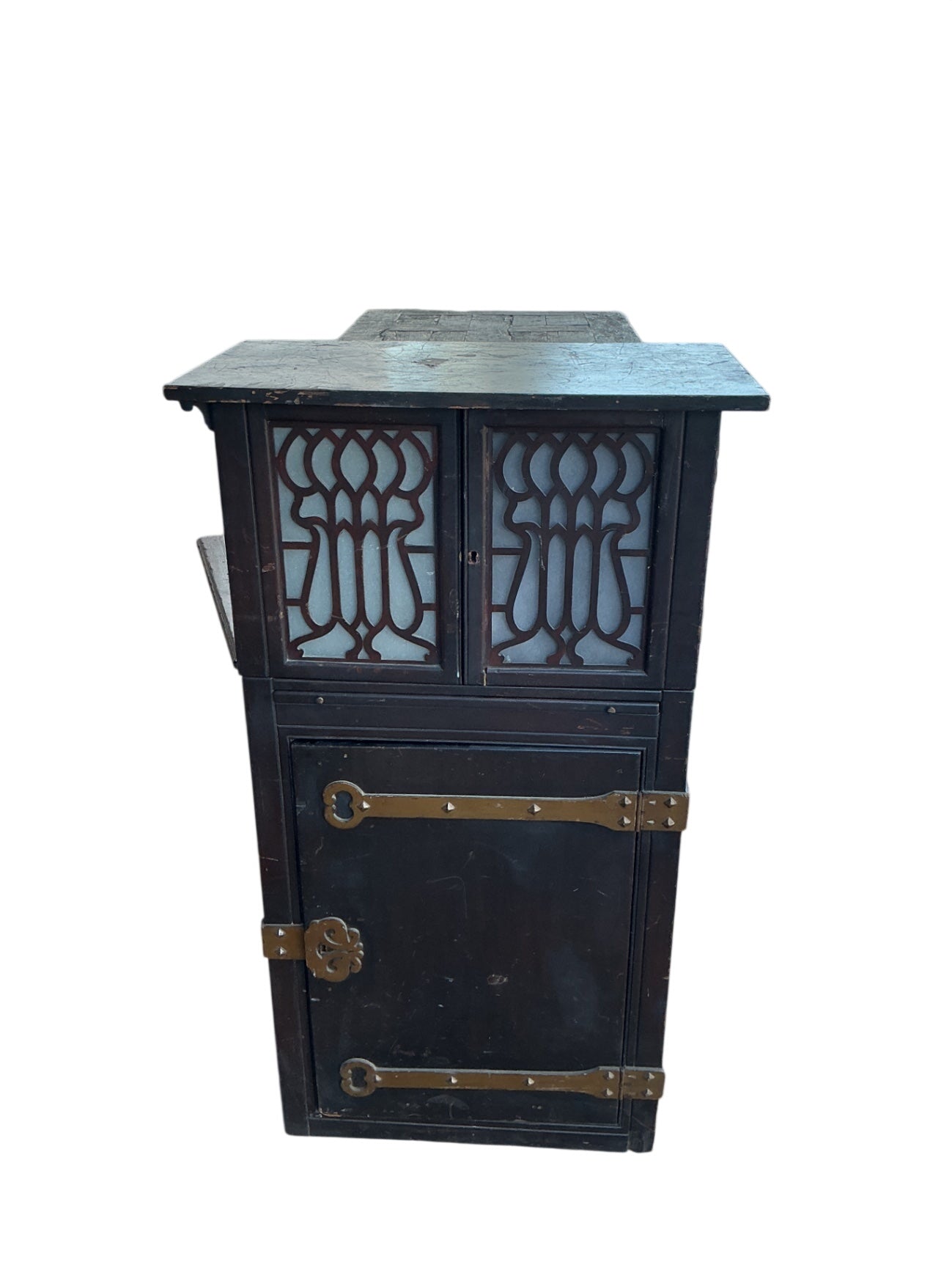 This is an antique bar with retractable dual doors, pullout copper shelf and insulated icebox style bottom measuring 29 x 50 x 29