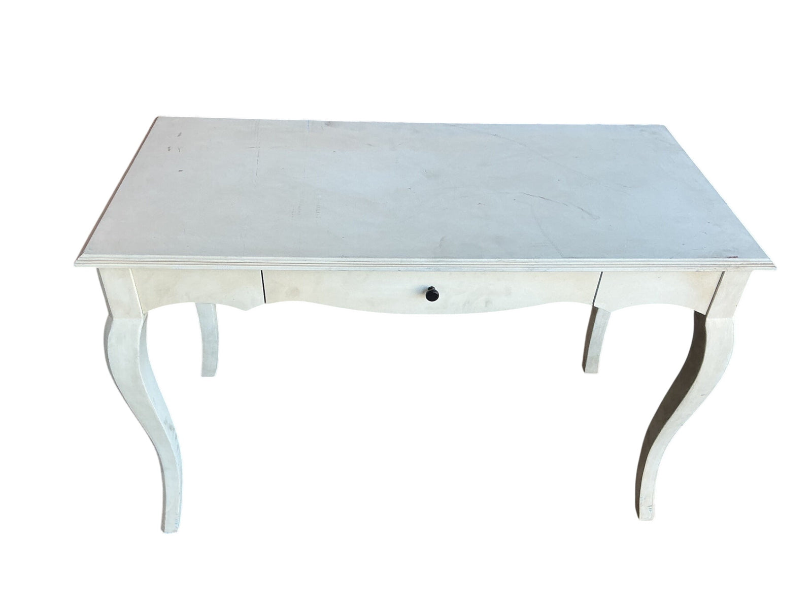 This is a white writing desk measuring 46 inches wide 30 inches tall 22 inches deep