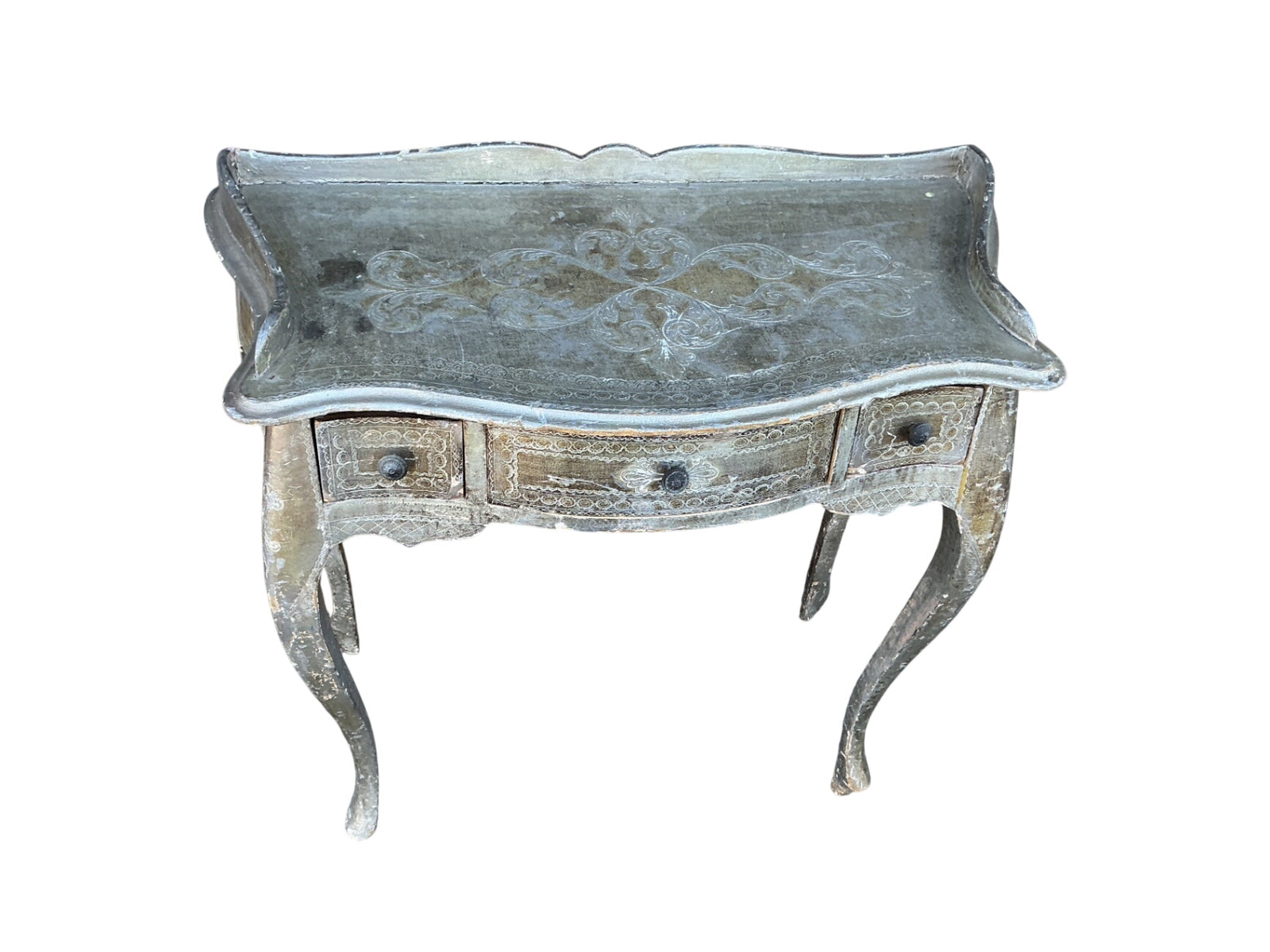 Has three drawers This is a small French desk measuring 32 x 31 x 16 ladies writing desk, silver patina