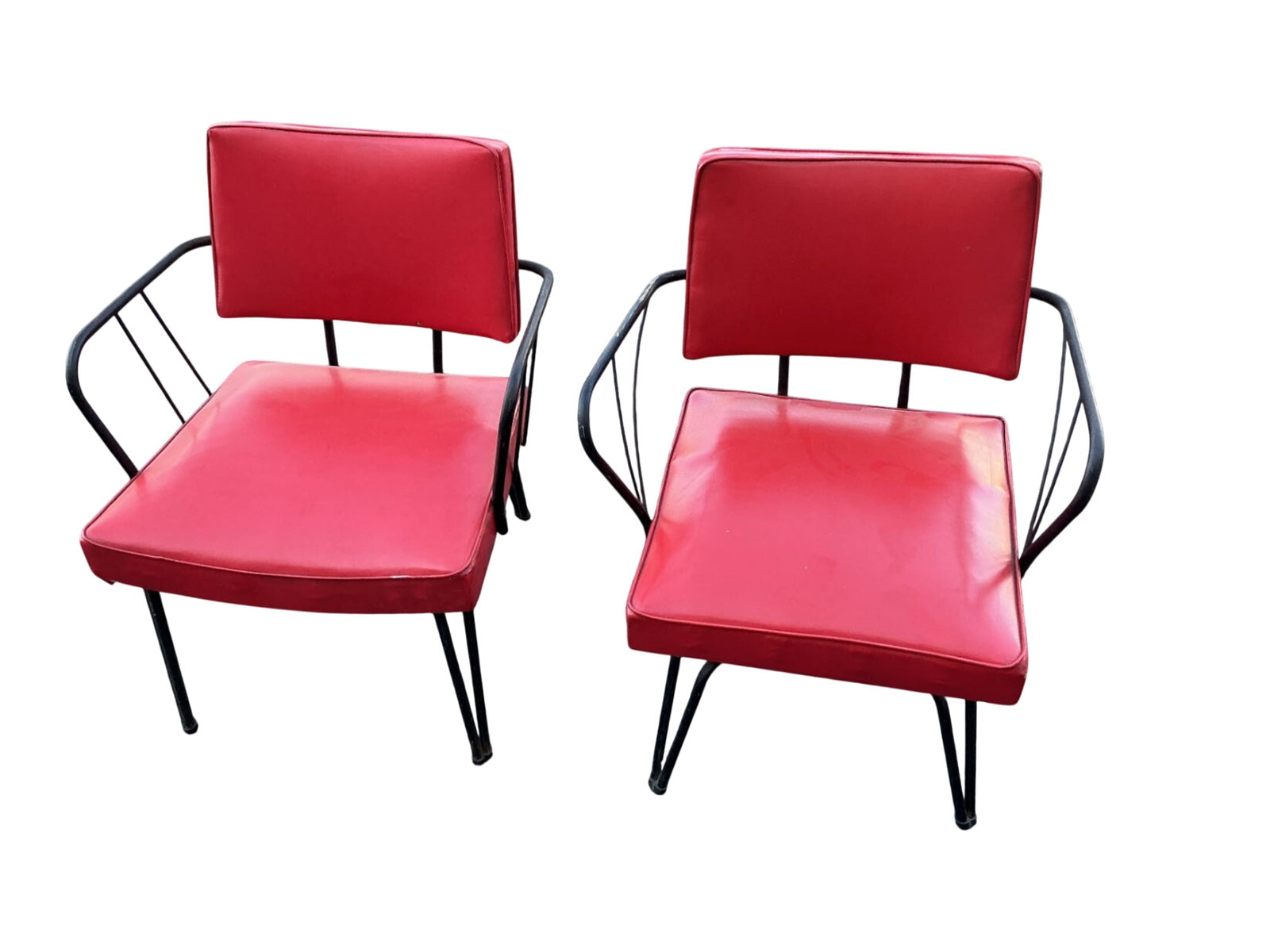 Viking Artline Style Vintage Red Vinyl & Black Metal Frame Mid-Century Modern Chair Hair Pin Legs Atomic  This is a pair one of them swivels