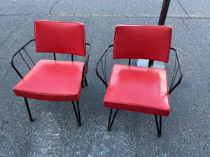 Vintage Viking Artline Mid-Century Modern Pair Red Vinyl & Black Metal Swivel Chair with Hairpin Legs