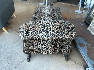 Antique shades lounge with leopard print upholstery on Mahogany base with feet measuring 78 x 33 x 18