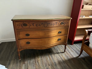 (Grand Rapids, MI) Brown Hand-Painted Hardwood 3-Drawer Dresser with Brass Mark & Custom Glass Top