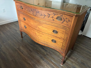 (Grand Rapids, MI) Brown Hand-Painted Hardwood 3-Drawer Dresser with Brass Mark & Custom Glass Top