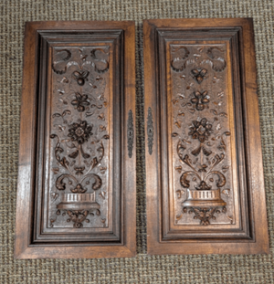 French Walnut Carved Relief Cabinet Doors 19th Century (Crown & Flower shape) PAIR (28" x 14" each)